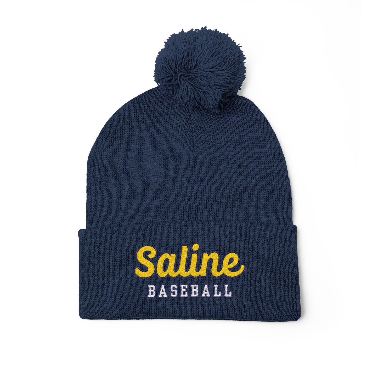 Saline Baseball Script Embroidered Pom-Pom Knit Cap