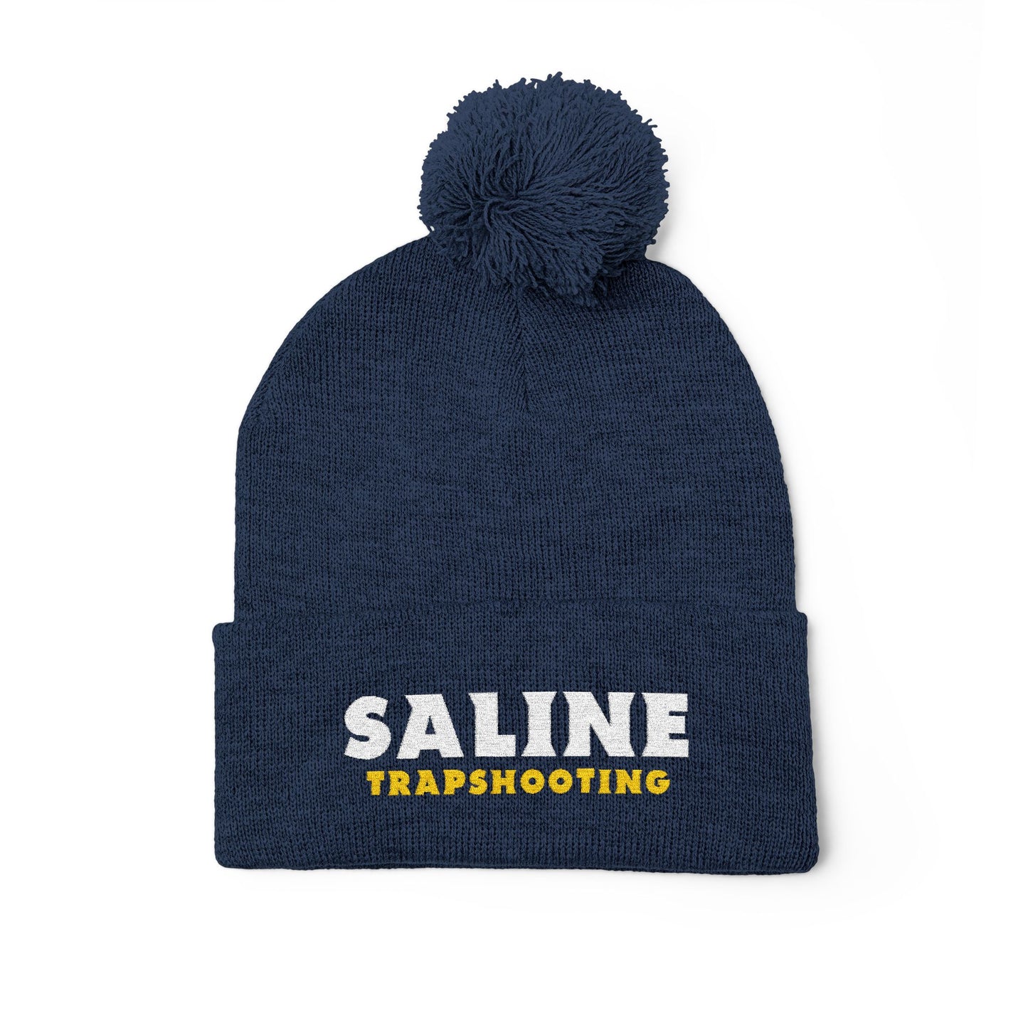 Navy Pom-Pom Knit Cap with Custom Saline Trapshooting Embroidery, Winter Hat, Gift for Sports Lovers, Winter Accessories, Outdoor Activities