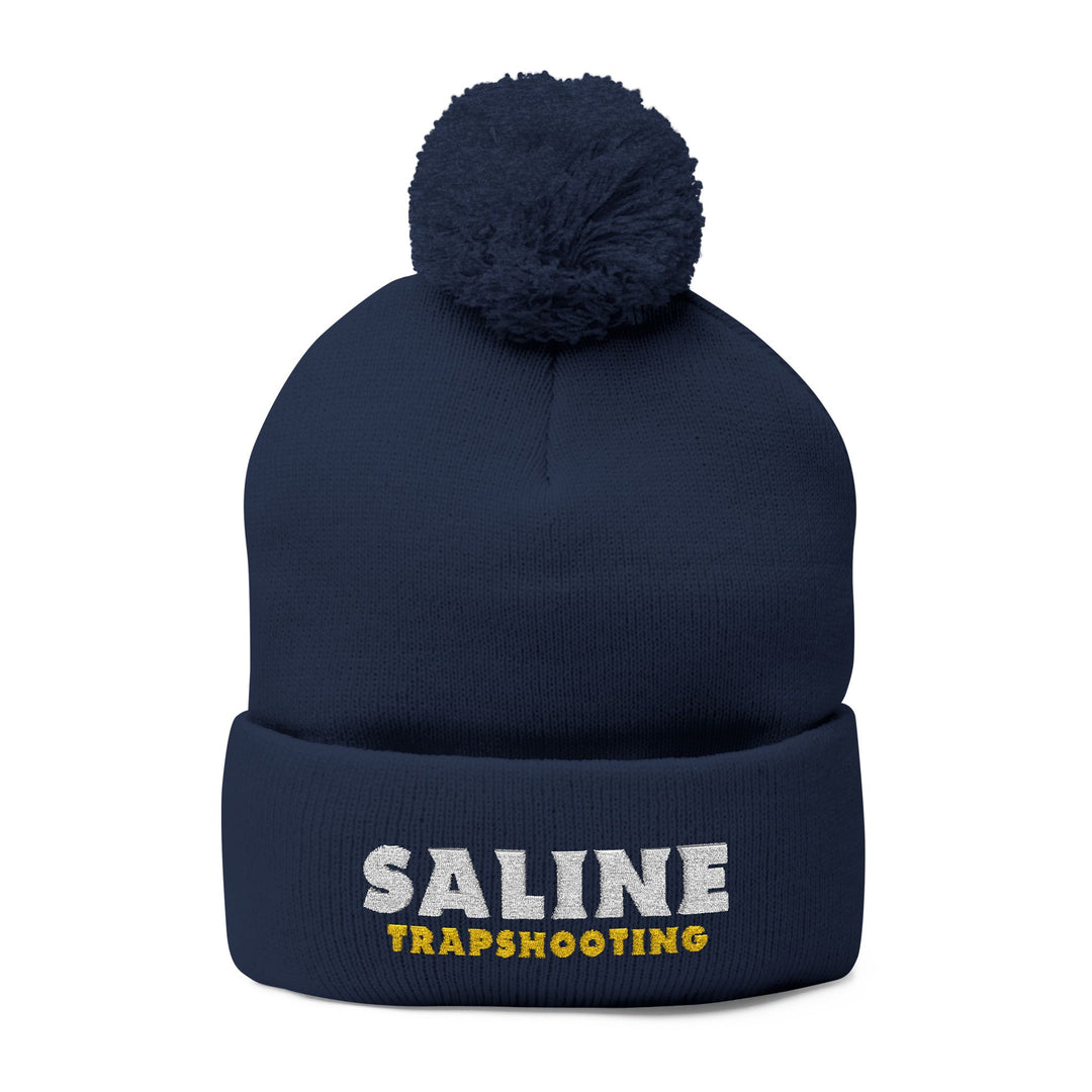 Navy Pom-Pom Knit Cap with Custom Saline Trapshooting Embroidery, Winter Hat, Gift for Sports Lovers, Winter Accessories, Outdoor Activities