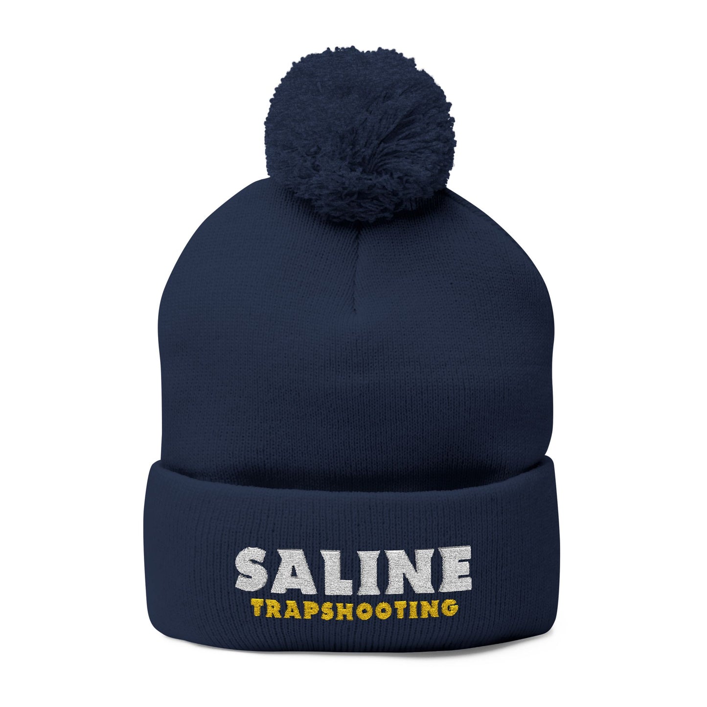 Navy Pom-Pom Knit Cap with Custom Saline Trapshooting Embroidery, Winter Hat, Gift for Sports Lovers, Winter Accessories, Outdoor Activities