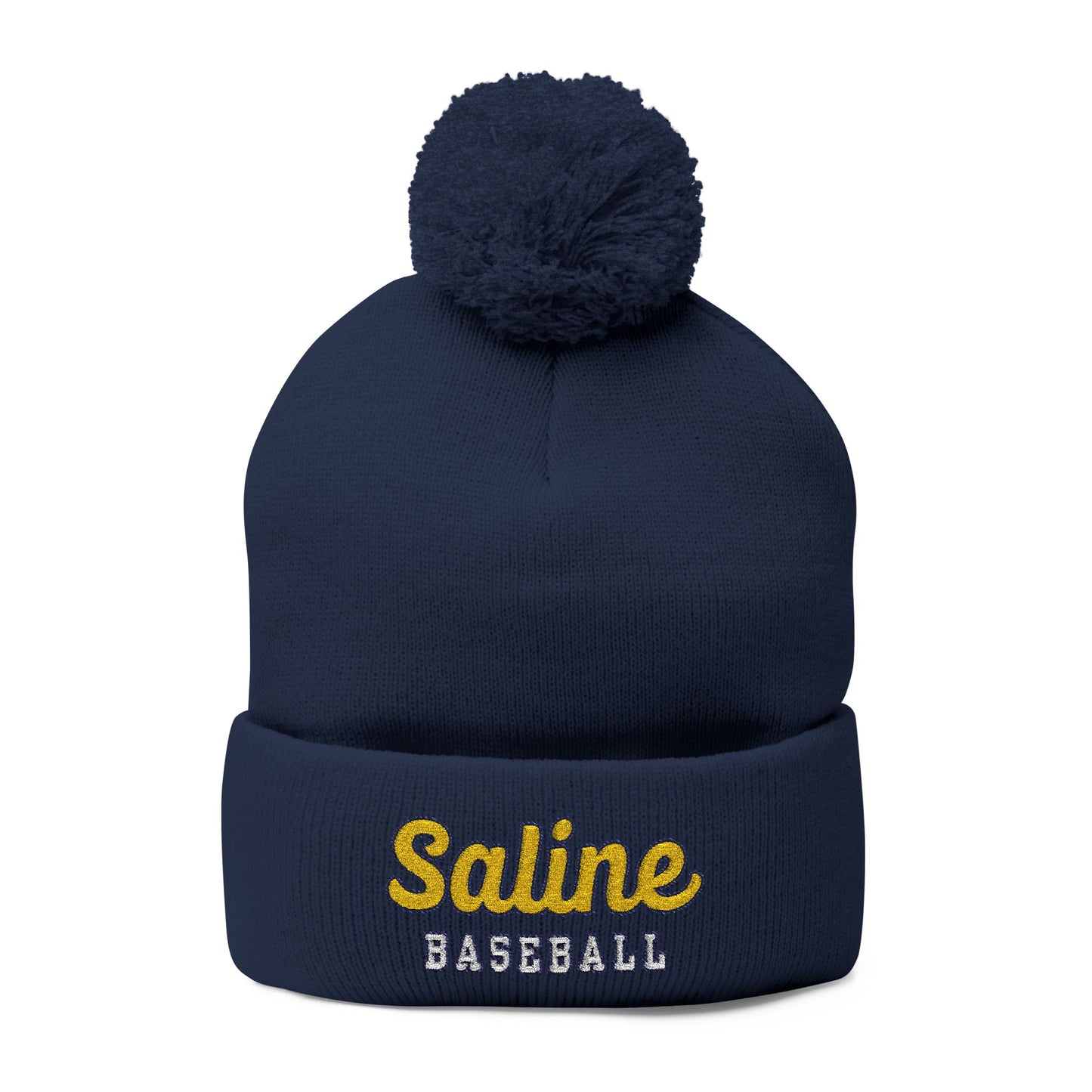 Saline Baseball Script Embroidered Pom-Pom Knit Cap