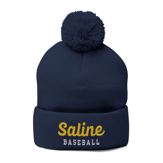 Saline Baseball Script Embroidered Pom-Pom Knit Cap