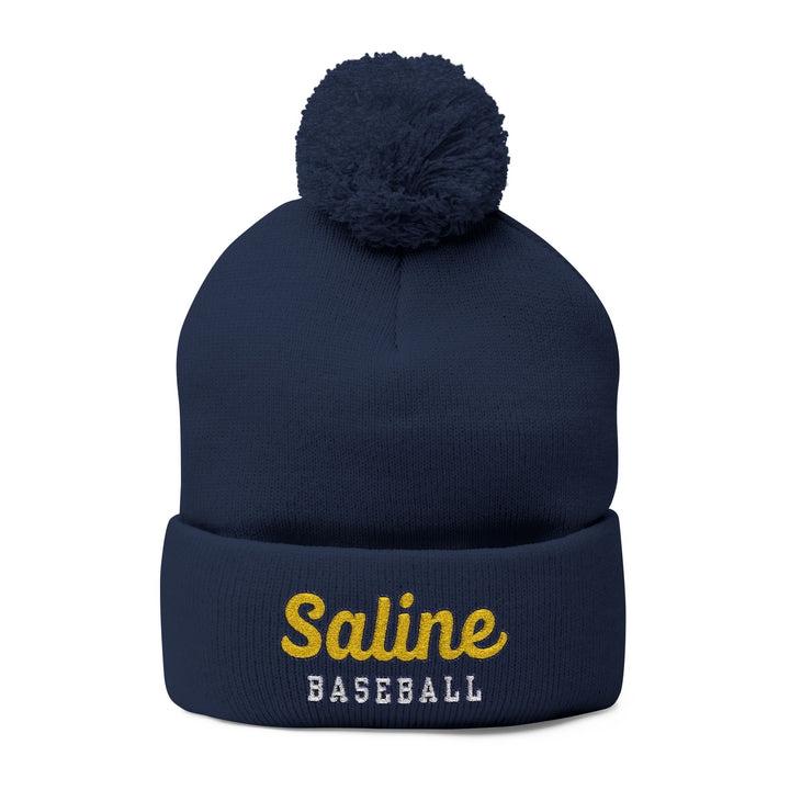 Saline Baseball Script Embroidered Pom-Pom Knit Cap