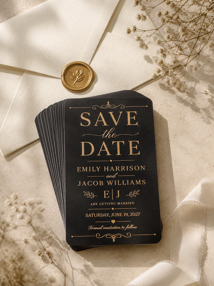 Precision engraved " Save the Date" with elegant envelope.