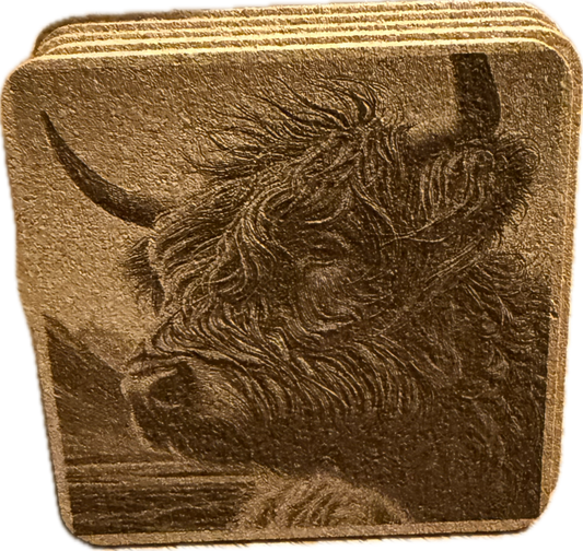 Highland Cow 6pk Cork Coaster w/ holder