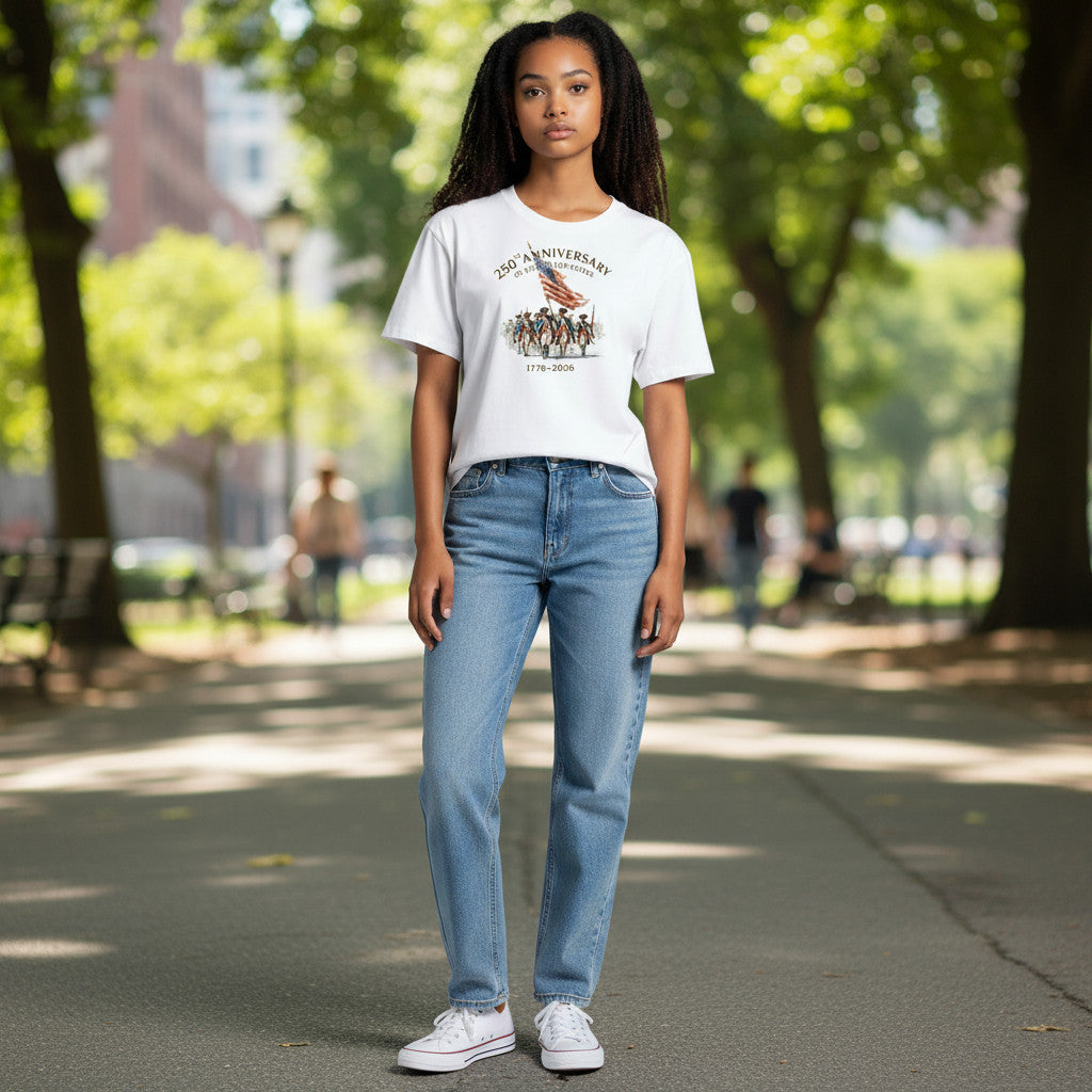 Three G's Custom Designs white t-shirt with 250th Anniversary of the United States graphic featuring colonial soldiers and American flag.