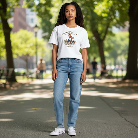 Three G's Custom Designs white t-shirt with 250th Anniversary of the United States graphic featuring colonial soldiers and American flag.