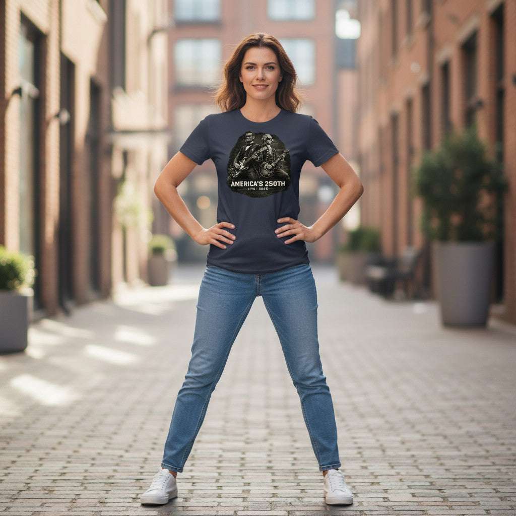 Three G's Custom Designs navy blue t-shirt with a graphic of Abraham Lincoln and George Washington playing guitars. Text reads AMERICA'S 250TH 1776-2026.