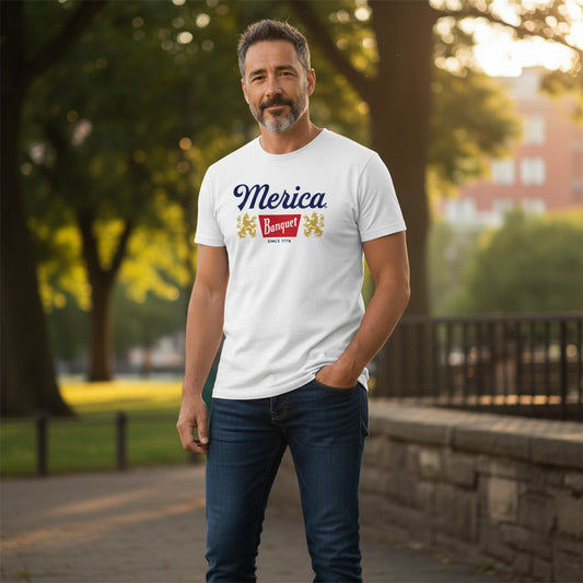 Three G's Custom Designs white Gildan G640 t-shirt with "Merica Banquet Since 1776" graphic.
